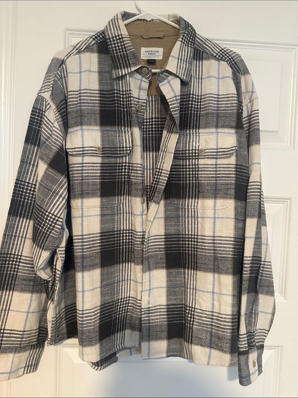 American Eagle Outfitters Ivory and Black Plaid Button-Down Shirt